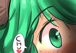  animal_ears blush close-up commentary gaoo_(frpjx283) green_eyes green_hair heart kasodani_kyouko kiss pov solo surprise_kiss surprised sweat touhou 