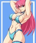  abs armpits arms_up bikini breasts cleavage commentary_request large_breasts long_hair looking_at_viewer midriff mighty_yukiko navel pink_hair purple_eyes smile solo swimsuit taroimo_(00120014) wrestle_angels wrestle_angels_survivor 