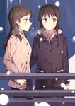  bangs black_hair blue_coat blue_ribbon brown_eyes brown_hair buttons coat collared_shirt from_side fur_collar holding idolmaster idolmaster_million_live! kitazawa_shiho long_hair looking_to_the_side mogami_shizuka multiple_girls neck_ribbon pclbang ribbon shirt sidelocks smile snowing swept_bangs white_shirt 