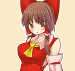 ascot blush bow breasts brown_eyes brown_hair commentary_request cookie_(touhou) detached_sleeves hair_bow hair_tubes hakurei_reimu large_breasts long_hair looking_at_viewer nnns reu sarashi solo touhou upper_body 