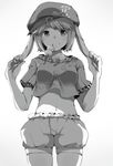  animal_ears bunny_ears dango flat_cap floppy_ears food greyscale hat midriff monochrome navel ringo_(touhou) shirt short_hair skewer smile solo touhou wadante wagashi 