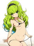  bikini blush breasts covered_nipples green_eyes green_hair hairband kirin_kakeru long_hair looking_at_viewer micro_bikini navel original side-tie_bikini sitting small_breasts smile solo swimsuit untying 