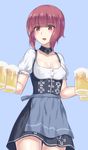  alcohol apron beer beer_mug blue_apron breasts brown_eyes cleavage covered_nipples cup dirndl dress german_clothes highres holding holding_cup kantai_collection looking_at_viewer mizuumi_(bb) oktoberfest open_mouth puffy_nipples short_hair small_breasts smile solo underbust waist_apron z3_max_schultz_(kantai_collection) 