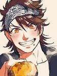  bad_id bad_pixiv_id bandana brown_hair food food_on_face grin icym incoming_food male_focus mutsu-no-kami_yoshiyuki smile solo sweet_potato touken_ranbu upper_body yellow_eyes 