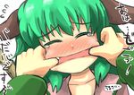  ^_^ animal_ears bamboo_broom broom bullying cheek_pull close-up closed_eyes colored_eyelashes commentary dress fang flying_sweatdrops gaoo_(frpjx283) green_hair hands kasodani_kyouko mouth_pull out_of_frame pink_dress pov pov_hands solo_focus tears touhou translated 