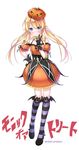  amakusa_tobari bad_id bad_twitter_id blonde_hair blue_eyes gloves halloween halloween_costume kanpani_girls kneehighs monique_waroquier pumpkin_hat skull_necklace smile solo striped striped_legwear twintails twitter_username v 