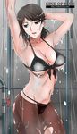  arms_up bad_id bad_pixiv_id bikini blue_eyes breasts brown_hair collarbone cowboy_shot dripping front-tie_bikini front-tie_top highres large_breasts looking_away metal_gear_(series) metal_gear_solid_v navel open_mouth pantyhose pipes ponytail quiet_(metal_gear) rudoni showering solo swimsuit torn_clothes torn_legwear valve watermark web_address wet 