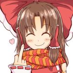  ^_^ absurdres benikurage blush bow brown_hair closed_eyes commentary_request cookie_(touhou) detached_sleeves hair_bow hair_ribbon hair_tubes hakurei_reimu heart highres long_hair middle_finger nnns ribbon ribbon-trimmed_sleeves ribbon_trim scarf smile solo touhou 