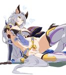  :&lt; animal_ears bad_id bad_pixiv_id blue_hair breasts cleavage earrings erune gloves granblue_fantasy heart heles jewelry large_breasts long_hair looking_at_viewer nipples ponytail pubic_hair puffy_nipples pussy shino_(comic_penguin_club) sitting solo sweat thighhighs very_long_hair yellow_eyes 