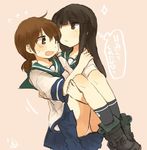  bangs black_hair blunt_bangs blush brown_eyes brown_hair carrying collared_shirt commentary flying_sweatdrops hand_on_another's_shoulder hatsuyuki_(kantai_collection) ina_(1813576) kantai_collection long_hair low_twintails multiple_girls neckerchief open_mouth panties parted_bangs pleated_skirt princess_carry sailor_collar school_uniform serafuku shirayuki_(kantai_collection) shirt short_hair simple_background skirt sparkle translation_request twintails underwear white_panties 