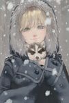  animal animal_in_clothes bangs blonde_hair buttons closed_mouth coat dog eyelashes fur hana_bell_forest highres hood hood_up long_sleeves male_focus original sleeves_past_wrists smile snow snowing solo upper_body 
