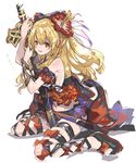  bikini black_bow black_legwear blonde_hair bow flower granblue_fantasy hair_bow hair_flower hair_ornament haku_(sabosoda) hibiscus highres long_hair orange_eyes ponytail solo swimsuit sword thighhighs vira_lilie weapon white_bikini 