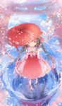  :&lt; absurdres after_rain alternate_eye_color alternate_hairstyle ankle_bell ankle_ribbon arm_ribbon bell black_hair blue_sky blush bow bunny cherry_blossoms cloud dress drill_hair floral_print from_above gradient_dress gradient_hair hair_bell hair_bow hair_ornament hair_ribbon hakurei_reimu hand_up highres holding holding_umbrella hoshi_ame long_ponytail looking_at_viewer looking_up multicolored_hair oriental_umbrella petals pink_dress pink_eyes pink_hair red_dress reflection reflective_eyes reflective_floor ribbon ribbon-trimmed_collar ribbon_trim ripples see-through_sleeves short_hair sky solo sparkle split_ponytail stone_walkway strapless strapless_dress streaked_hair tabi torii touhou tree_branch tress_ribbon umbrella white_legwear zouri 