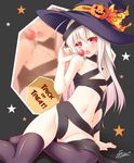  albino artist_name black_legwear blush breasts candy covered_nipples food hair_ornament hairclip halloween hat hat_ribbon highres jack-o'-lantern lethe-shion lollipop long_hair md5_mismatch naked_ribbon navel original pumpkin red_eyes ribbon simple_background sitting small_breasts solo star thighhighs tongue tongue_out white_hair witch_hat 