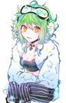  bad_id bad_pixiv_id bangs belt breasts cleavage constellation cropped_jacket detached_collar earmuffs fur_trim green_hair gumi hair_ornament looking_at_viewer medium_breasts midriff orange_eyes parted_lips piyo_(ppotatto) short_hair simple_background sitting smile solo star star_print starry_sky_print striped text_focus vocaloid white_background 
