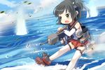  :o bare_shoulders black_eyes black_hair cannon cloud day detached_sleeves gun headband holding holding_gun holding_weapon japanese_clothes kantai_collection loafers machinery miko nagara_(kantai_collection) ocean one_side_up open_mouth pleated_skirt school_uniform serafuku shoes short_hair skirt solo tachiki_(naruki) thighhighs turret v-shaped_eyebrows water weapon white_legwear zettai_ryouiki 
