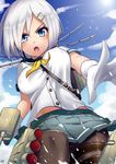  belt between_breasts black_legwear blue_eyes blue_skirt blue_sky breasts bu_li buckle buttons cannon cloud covered_nipples day dress_shirt hair_ornament hairclip hamakaze_(kantai_collection) holding kantai_collection large_breasts looking_at_viewer machinery outdoors outstretched_arm pantyhose pleated_skirt school_uniform serafuku shirt short_hair short_sleeves signature skirt sky solo string thigh_strap turret water weapon white_background white_hair white_shirt 