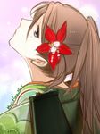  amagi_(kantai_collection) brown_eyes brown_hair flower from_behind furisode hair_between_eyes hair_flower hair_ornament japanese_clothes kantai_collection kimono long_hair looking_at_viewer mole mole_under_eye ponytail primary_stage shaft_look solo 