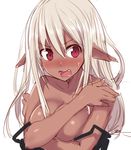  black_dress blush breasts covering covering_breasts dark_elf dark_skin dress elf hiraga_matsuri long_hair medium_breasts open_mouth original pointy_ears red_eyes solo sweat undressing white_hair 