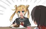  abukuma_(kantai_collection) annin_musou bad_id bad_twitter_id curry curry_rice directional_arrow eating food hand_on_table kantai_collection multiple_girls nagara_(kantai_collection) open_mouth remodel_(kantai_collection) rice short_hair short_sleeves side_ponytail sweat translated trembling twintails 