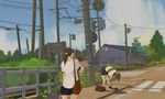  bag bent_over blurry brown_hair cloud commentary crosswalk day depth_of_field fence house long_hair multiple_girls original ponytail power_lines road school_bag school_uniform sign sky snatti street telephone_pole tree turtle 