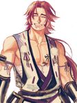  ^_^ bad_id bad_pixiv_id closed_eyes grin icym japanese_clothes male_focus pom_pom_(clothes) ponytail red_hair sarashi siddham smile solo tattoo tonbokiri_(touken_ranbu) touken_ranbu 