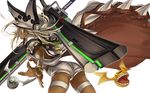  ass beltbra breasts cloak creature dark_skin expressionless extra_mouth floating_swords from_behind guilty_gear guilty_gear_xrd huge_weapon long_hair looking_back medium_breasts orange_eyes oro_(sumakaita) ramlethal_valentine short_shorts shorts silver_hair skindentation solo sword thigh_strap underboob weapon white_background 