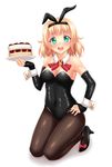  :d aqua_eyes bangs black_footwear black_gloves blonde_hair blunt_bangs bow breasts bunnysuit cake choker cleavage cravat elbow_gloves fast-runner-2024 fingerless_gloves food full_body gloves hand_on_hip high_heels highres kneeling looking_at_viewer medium_breasts open_mouth pantyhose plate saionji_usagi shoes short_hair simple_background smile solo strappy_heels taimadou_gakuen_35_shiken_shoutai thighs white_background wrist_cuffs 