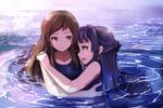  bangs blue_eyes blue_hair blush bow brown_eyes brown_hair carrying collarbone commentary_request hair_bow half_updo hand_on_shoulder hinoshita_akame idolmaster idolmaster_million_live! kitazawa_shiho long_hair looking_at_another looking_to_the_side mogami_shizuka multiple_girls one-piece_swimsuit open_mouth ripples school_swimsuit sidelocks sparkle sweatdrop swept_bangs swimsuit water wavy_hair yuri 