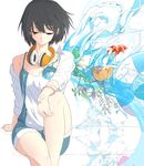  animal aspara black_eyes black_hair bracelet collared_shirt dress_shirt fish fish_request flower goldfish half-closed_eyes headphones headphones_around_neck highres innertube jewelry melting off_shoulder original shirt short_hair shorts sitting sleeveless solo water white_shirt 