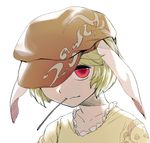 animal_ears blonde_hair bunny_ears face flat_cap floppy_ears geppewi hat hat_over_one_eye looking_at_viewer mouth_hold portrait red_eyes ringo_(touhou) short_hair simple_background solo touhou white_background 