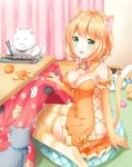  :d animal animal_ears animal_print ball bangs bare_shoulders bell blonde_hair blush bow bowtie breasts carpet cat cat_ears cat_girl cat_print cat_tail choker chopsticks cleavage dress eating elbow_gloves fang food fruit gloves green_eyes highres indoors jingle_bell kitten looking_at_viewer mandarin_orange medium_breasts nanashiki_fuuka open_mouth orange_dress orange_gloves orange_legwear original pillow short_hair side_slit smile solo striped striped_legwear stuffed_animal stuffed_toy table tail thighhighs toy vertical-striped_legwear vertical_stripes wooden_floor zettai_ryouiki 