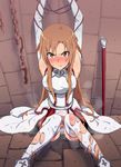  angry arms_up asuna_(sao) bdsm belt blush bondage bound bound_arms breasts brown_eyes brown_hair captured chain cuffs elbow_gloves furious gloves highres in_cell ishii_takamori long_hair looking_at_viewer medium_breasts panties pee peeing peeing_self shackles sitting solo steam sweat sword_art_online thighhighs torn_clothes torn_legwear underwear white_gloves white_legwear white_panties 