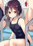  absurdres black_hair highres hiraga_matsuri one-piece_swimsuit original pool red_eyes school_swimsuit short_hair sitting sketch solo_focus swimsuit wet 