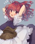  1girl :o arms_behind_head arms_up blue_background blush dress hair_bobbles hair_ornament hands_in_hair highres image_sample layered_dress looking_at_viewer obi onozuka_komachi open_mouth puffy_sleeves red_eyes red_hair sash short_sleeves simple_background solo touhou twitter_sample two_side_up usamata 