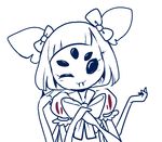  ;) closed_mouth extra_eyes fangs hair_ribbon head_tilt indiefoxtail insect_girl looking_at_viewer muffet multiple_arms one_eye_closed puffy_short_sleeves puffy_sleeves ribbon short_sleeves short_twintails simple_background smile solo spider_girl spot_color teeth twintails two_side_up undertale white_background 