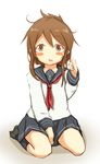  anchor_symbol blush_stickers brown_eyes brown_hair check_commentary commentary_request folded_ponytail hand_in_hair inazuma_(kantai_collection) ito_(itokayu) kantai_collection looking_at_viewer neckerchief open_mouth school_uniform seiza serafuku sitting skirt solo sweatdrop 