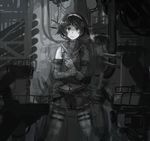  adjusting_clothes adjusting_gloves alternate_weapon custom_(cus-tom) elbow_gloves gloves kantai_collection looking_at_viewer machinery mecha_musume monochrome pleated_skirt sailor_collar school_uniform serafuku short_hair skirt solo tanikaze_(kantai_collection) thighhighs weapon 