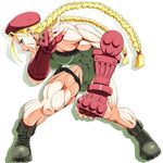  abs ahoge antenna_hair beret blonde_hair blue_eyes boots braid breasts cammy_white clenched_hand combat_boots elbow_gloves fighting_stance fingerless_gloves full_body gloves green_leotard harness hat highleg highleg_leotard holster huge_ahoge leotard long_hair medium_breasts muscle muscular_female nose open_mouth red_gloves scar shadow shopyun skin_tight socks solo street_fighter street_fighter_v thick_thighs thigh_holster thighs twin_braids 