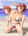  beach bikini breasts day highres multiple_arms multiple_girls original short_hair siamese_twins siblings swimsuit twins 