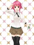  1girl arm_up beige_shorts black_legwear bow bowtie chaos;child highres looking_at_viewer necktie onoe_serika open_mouth pink_hair red_eyes sasaki_mutsumi school_uniform short_hair_with_long_locks shorts sidelocks smile solo thighhighs zettai_ryouiki 