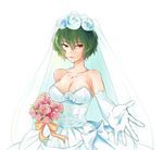  bare_shoulders beckoning bouquet breasts bridal_veil cleavage cowboy_shot dress earrings flower foreshortening green_hair hair_between_eyes highres jewelry kazami_yuuka looking_at_viewer medium_breasts necklace open_mouth pink_flower pink_rose puchikya red_eyes ring rose short_hair solo strapless strapless_dress touhou veil wedding_band wedding_dress white_background white_dress 