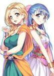  :d belt bianca blonde_hair blue_eyes blue_hair blush braid breasts cleavage dragon_quest dragon_quest_v earrings flora gan_(shanimuni) green_eyes highres jewelry long_hair looking_at_viewer medium_breasts multiple_girls open_mouth simple_background smile teeth white_background 