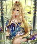  bare_shoulders blonde_hair blue_eyes blush breasts bug butterfly cage chain choker cleavage crown cuffs dress earrings highres insect jewelry large_breasts leaf long_hair looking_at_viewer off_shoulder official_art pisuke shackles shingoku_no_valhalla_gate sitting solo thighs very_long_hair wariza 