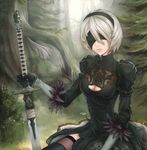  bangs black_dress blindfold blonde_hair breasts cleavage cleavage_cutout dress gloves grass green_dress green_legwear hair_between_eyes hairband highres holding holding_sword holding_weapon juliet_sleeves lips long_sleeves medium_breasts mole mole_under_mouth nature nier_(series) nier_automata outdoors planted_sword planted_weapon puffy_sleeves revision short_hair silver_hair sitting solo sword thighhighs tree tree_stump unsomnus weapon yorha_no._2_type_b 