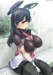  ahoge between_breasts black_hair black_legwear blush breasts brown_eyes cosplay gloves headgear jpeg_artifacts kantai_collection kantori large_breasts long_hair murakumo_(kantai_collection) murakumo_(kantai_collection)_(cosplay) necktie necktie_between_breasts pantyhose parted_lips remodel_(kantai_collection) sitting solo thighband_pantyhose ushio_(kantai_collection) 