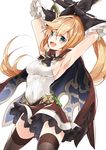  218 armpits arms_up black_legwear blue_eyes breasts brown_hair cape clarisse_(granblue_fantasy) gloves granblue_fantasy hair_ribbon long_hair looking_at_viewer medium_breasts open_mouth ponytail ribbon sideboob skirt smile solo thighhighs 