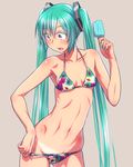  bikini bikini_pull bikini_tan breasts collarbone commentary_request cowboy_shot fingernails fingers food hands hatsune_miku long_hair looking_down nail_polish navel popsicle pulled_by_self ribs small_breasts solo stomach swimsuit tan tanline toned twintails vocaloid wokada 