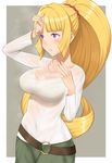  bad_id bad_pixiv_id belt blonde_hair blush bra collarbone gundam gundam_tekketsu_no_orphans kudelia_aina_bernstein long_hair long_sleeves navel parted_lips ponytail purple_eyes see-through shiny shiny_hair solo sweat tsuchifumazu underwear wet wet_clothes wiping_sweat 