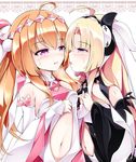  after_kiss ahoge bad_id bad_pixiv_id beatmania beatmania_iidx blonde_hair blush chronos_(beatmania) heart heart-shaped_pupils highres holding_hands kairos kiss long_hair maremay0513 multiple_girls navel orange_hair purple_eyes saliva saliva_trail sweat symbol-shaped_pupils yuri 